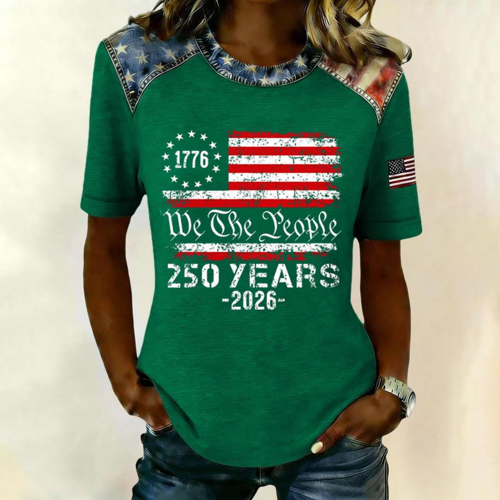 Women Casual Short Sleeve T Shirt Crew Neck Patriotic Letter Print Top Slim Fit Lightweight Tee for Everyday Wear