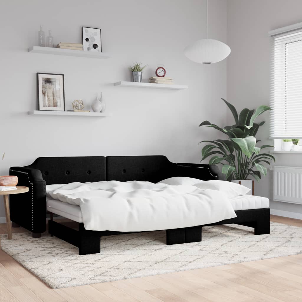 Extendable Daybed with Mattresses Black 90 x 190 cm Fabric
