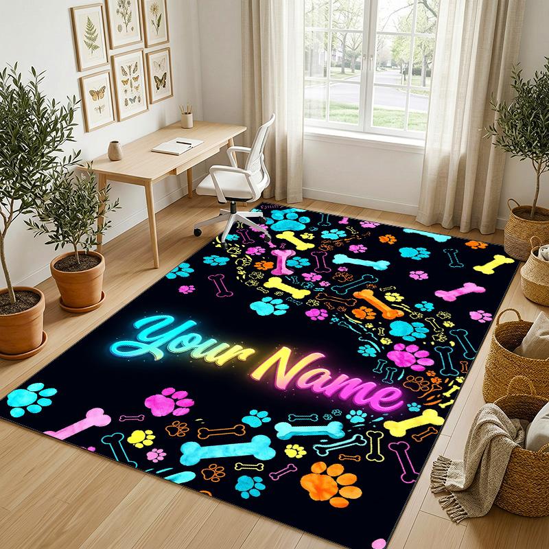Dog Theme Crystal Velvet Rug Personalized Custom Name Text Soft Floor Mat Home Decor