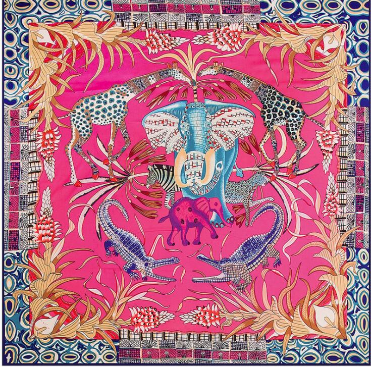 130cm Twill Silk Scarf Women Luxury Brand Giraffe Elephant Design Square Scarves Large Bandana Kerchief Hijab Female Head Scarf