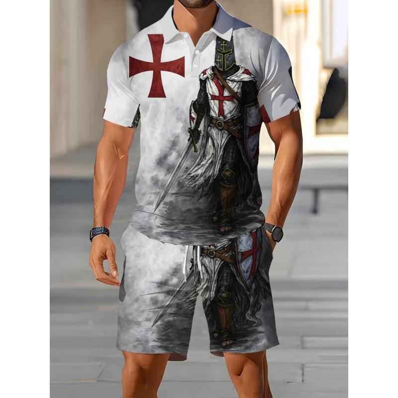 Mens Casual Loose Fit Polo Shirt With 3D Digital Print Short Sleeve Asymmetrical Design Wear