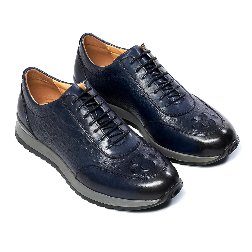 Fashion Men's 2024 Genuine Cow Leather Crocodile Pattern Casual Sneakers Lace-Up Flats Classic European Travel Oxford Shoes