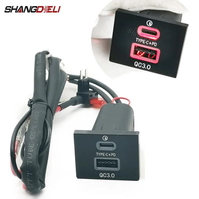 Red LED Fit for Ford Focus 2 Mk2 2009-2011 Car Dual Outlet Charger Adapter QC3.0 Type C PD USB Charging Socket Replacement