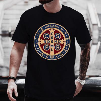 De Sint-Benedictusmedaille Katholieke Pullover T-shirt Camisas Mannen Vrouwen Casual Bedrukt Katoenen T-shirt Vintage Harajuku Oversized T