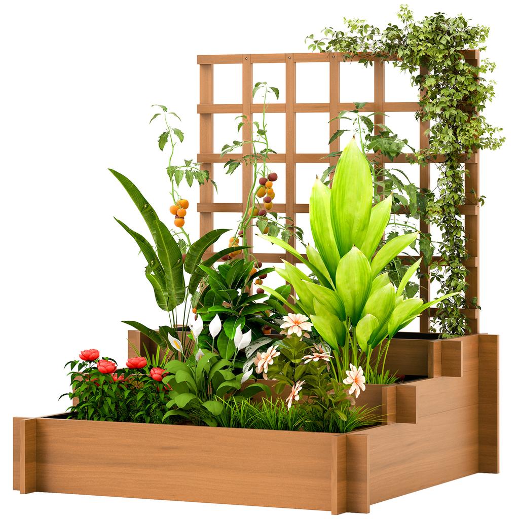3 Tier Garden Planters with Trellis for Vine Climbing, Wooden Raised Beds, 95x95x110cm, Brown