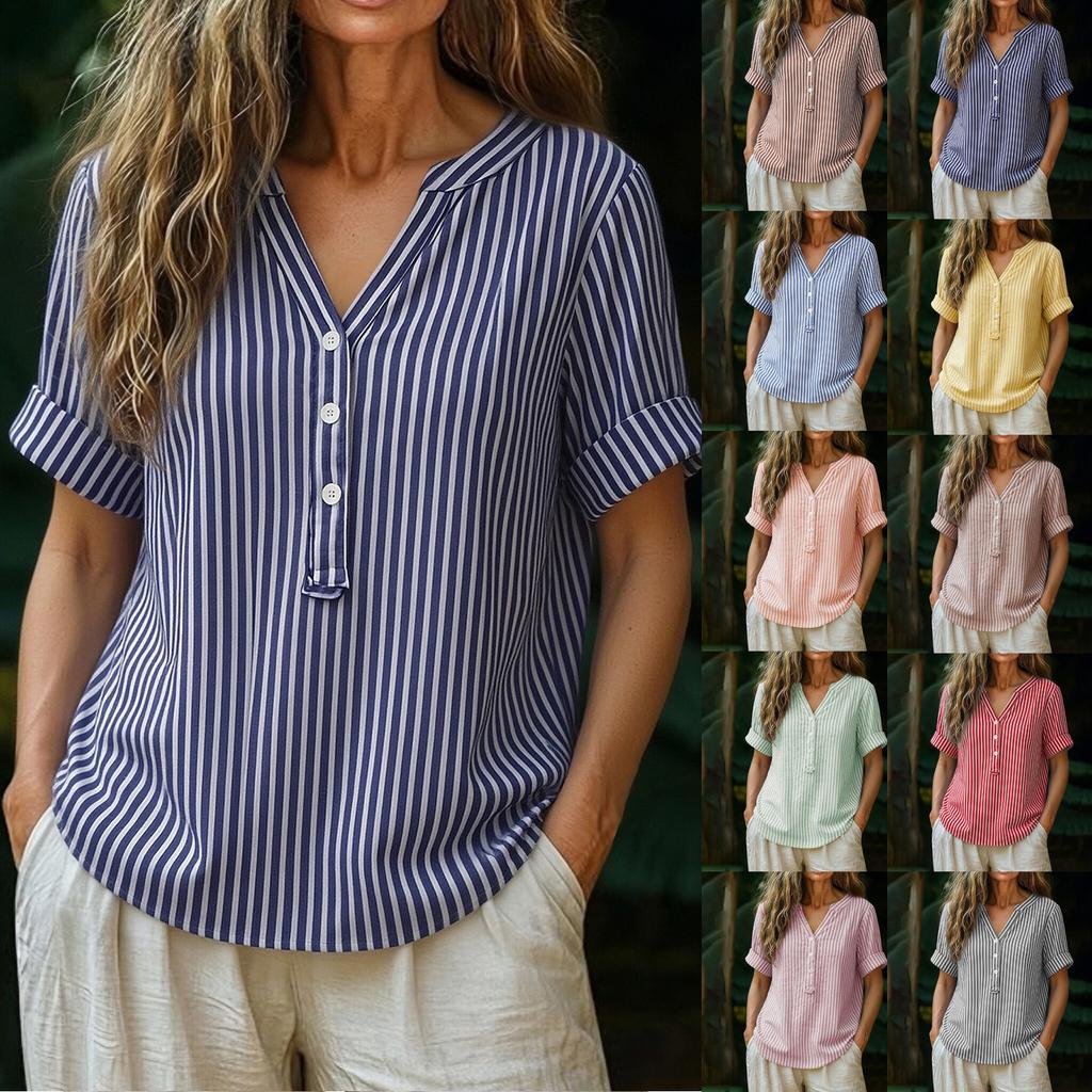 Chemise rayée élégante à boutons en coton et lin pour femme, idéale pour l'été.