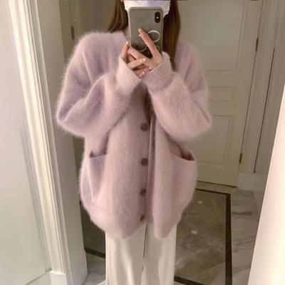 Cardigan sfocato da donna Scollo a V Abbottonato Oversize Cappotto soffice Autunno Inverno Casual Manica lunga Maglione peloso morbido