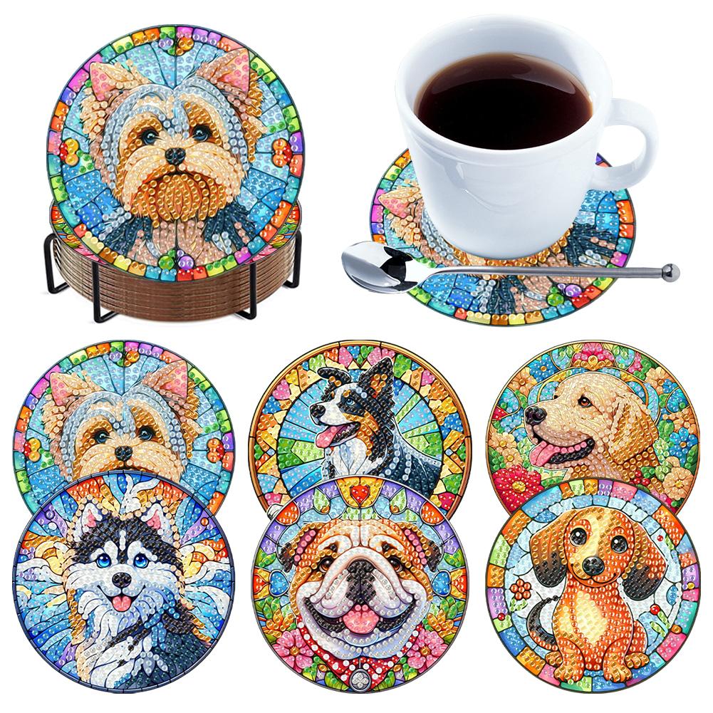 6Pcs/Set Diamond Painting Coasters with Holder DIY Diamond Art Coaster Set Wooden for Beginners Adults Art Craft Supplies