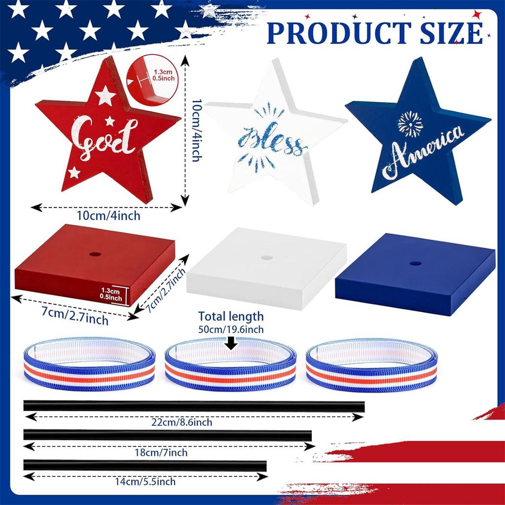 Patriotic Wooden Star Tabletop Decor Set Standing Independence Day Wood Signs with Ribbon Bows for Holiday Celebration Home Decoration