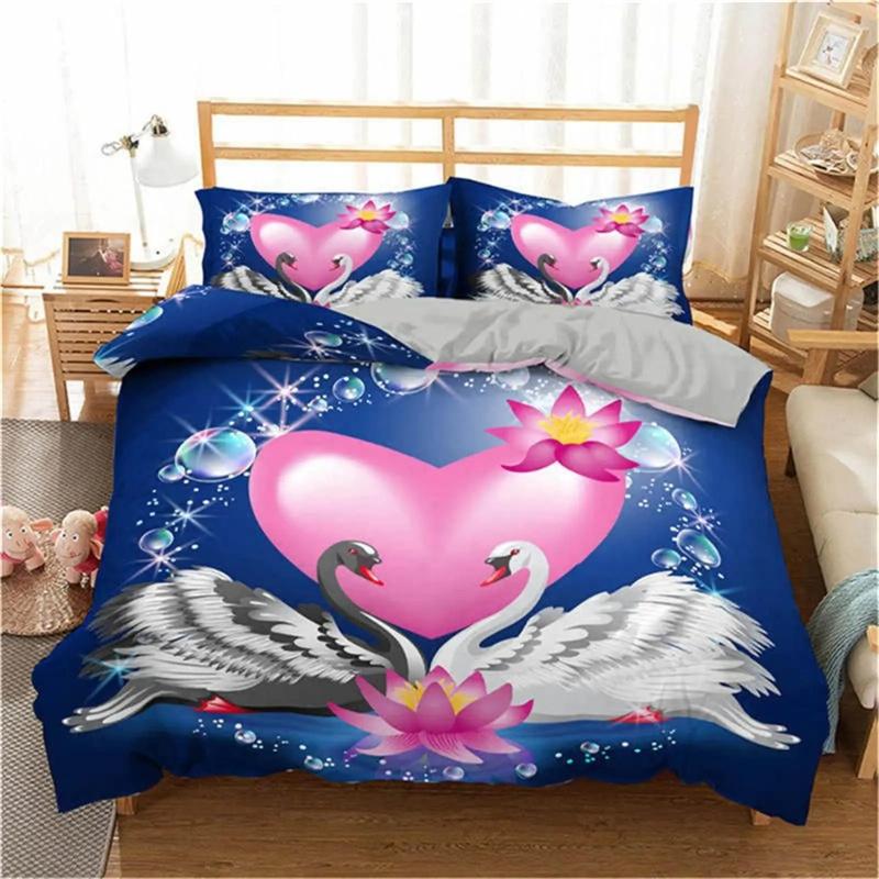 Husa de plapumă cu trandafir roșu și lebădă neagră și albă Cuvertură romantică cu flori Paturi cu animale sălbatice pentru decor cameră de zi Femeie Doamnă Nuntă