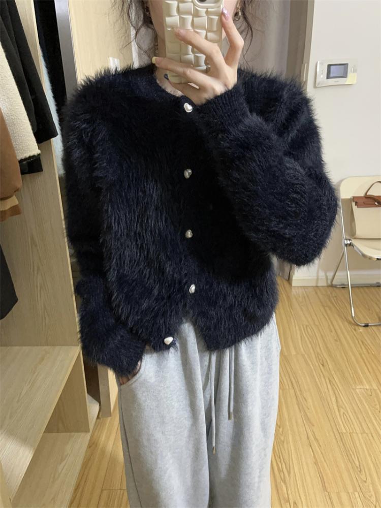 Frauen Strickjacke Langarm Nerz Kaschmir Mohair Pullover Sanfte Herbst Winter Strickwaren Weiche Süße Oansatz Tops