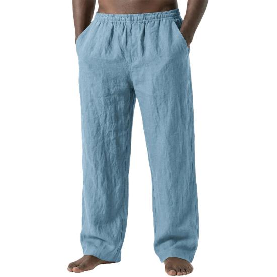 

Men Linen Casual Pants Fit Summer Trousers Solid Breathable Loose Color Holiday Pants M небо синє кольору