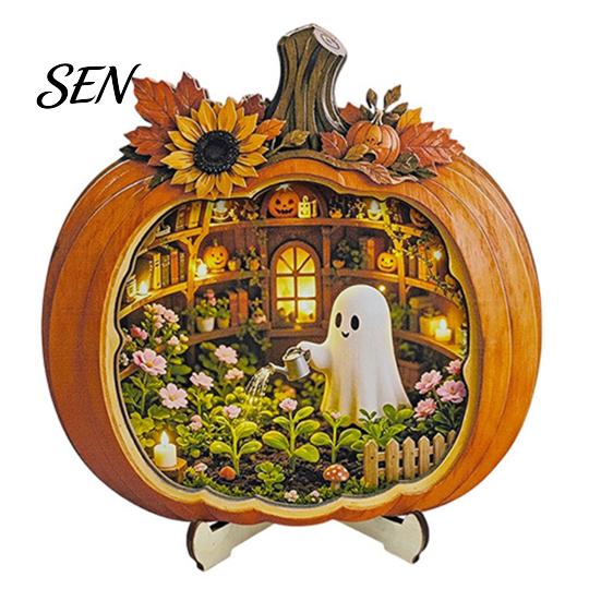 Solid Wood Autumn Home Accents Halloween Ghost Pumpkin Tabletop Sign, Wooden House with Mini Tiered Tray Ornaments Scene, Fall Harvest Desktop