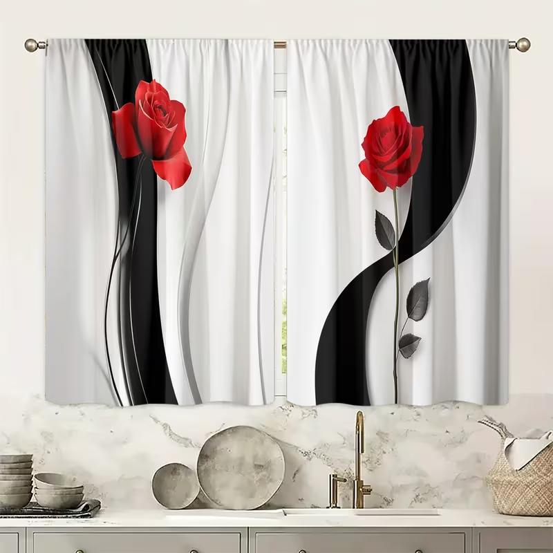 2PC Red Rose Curtains - Modern Black & White Wave Print Window Drapes for Bedroom Living Room Decor