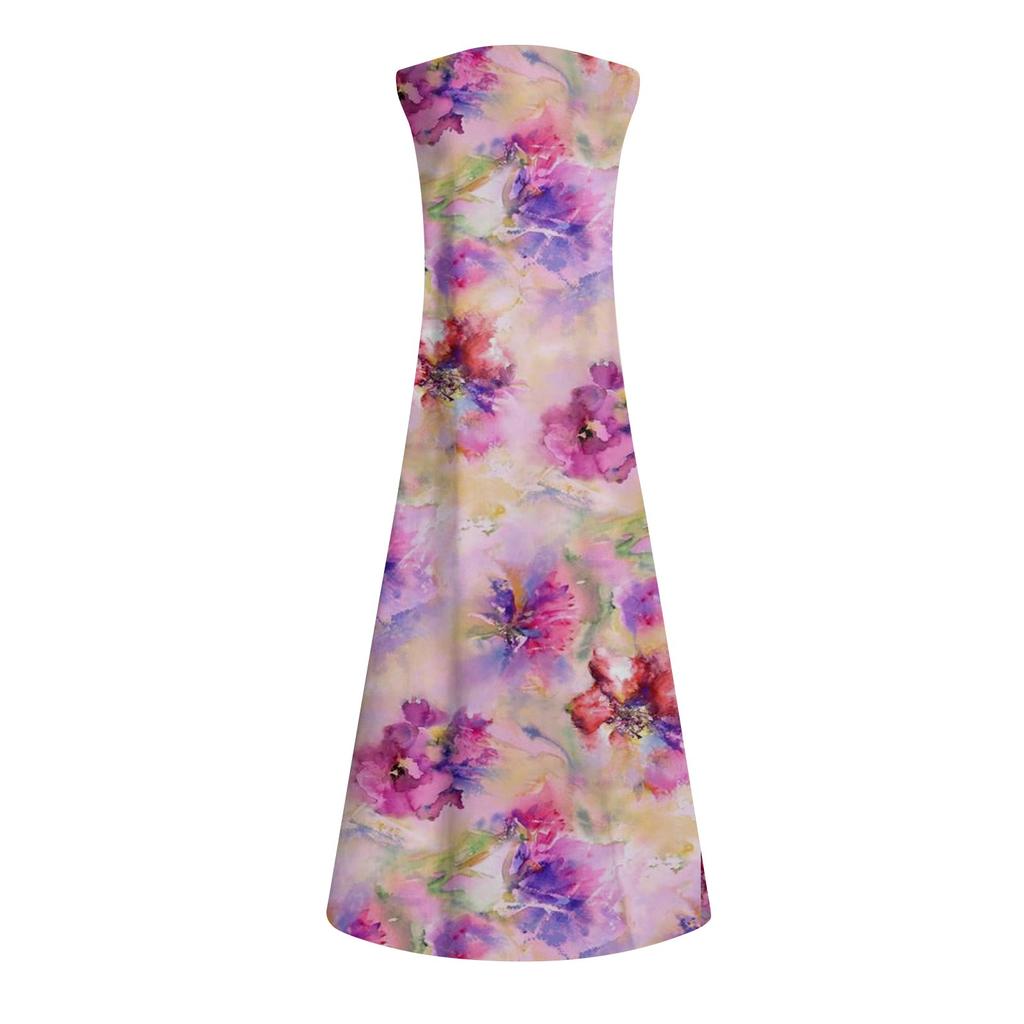 Women's New Spring And Summer Fashion Classic V-neck Color Printing Sleeveless Long Dress