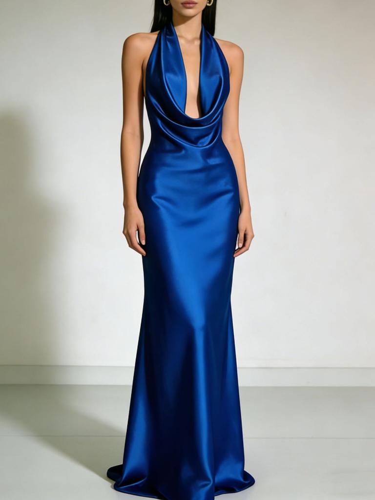 European and American summer neck halter satin evening dress dress, high-end party sexy bridesmaid dress