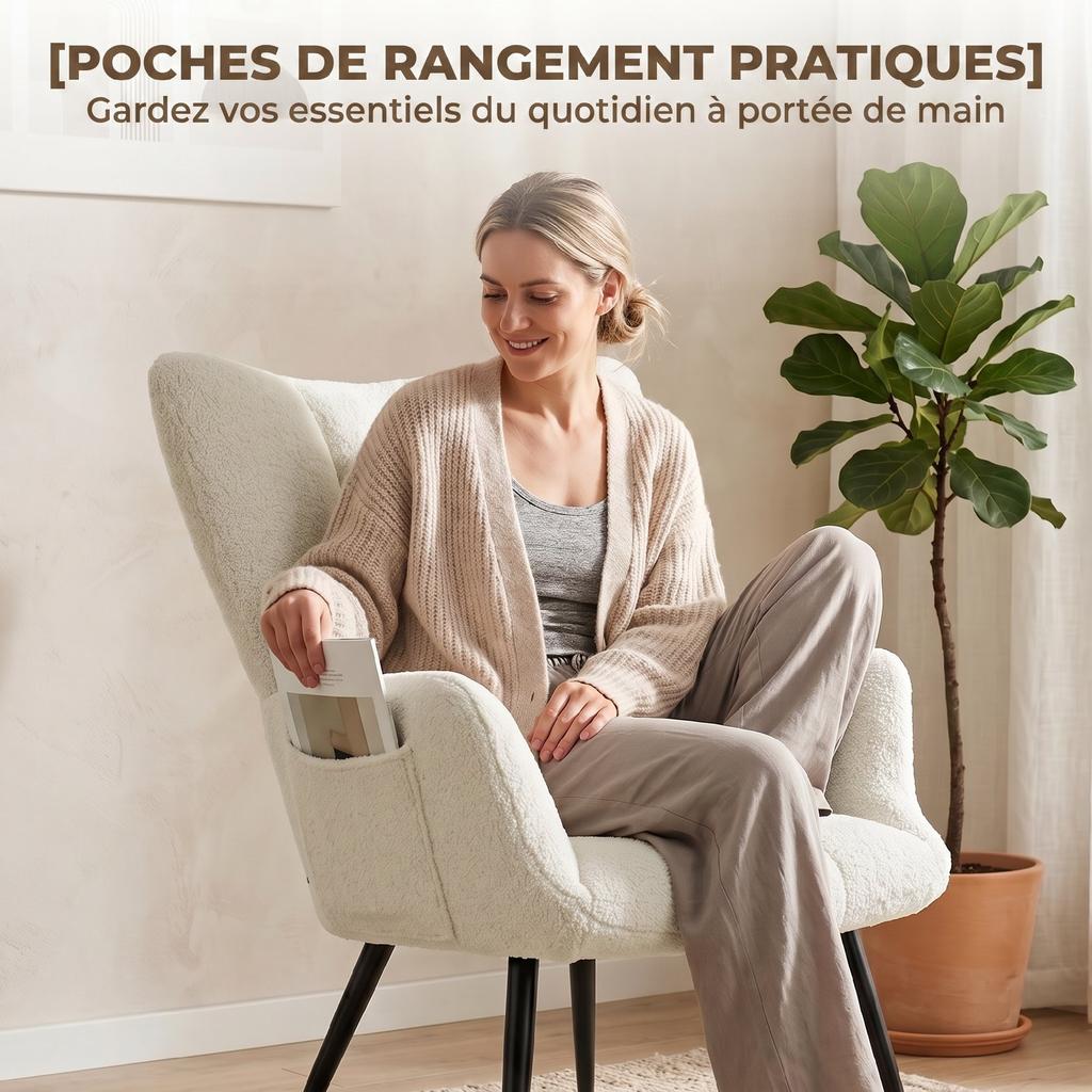 Lounge Chair with Footrest, Plush Teddy Upholstered Accent Chair, High Back, Side Pockets, Beige