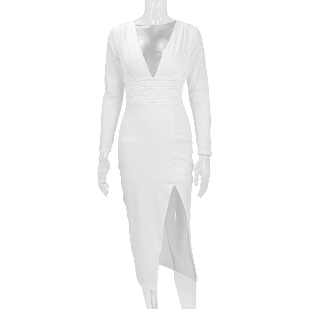 2025 Autumn/Winter Sexy Bodycon Slimming V-Neck Long Sleeve Slit Dress