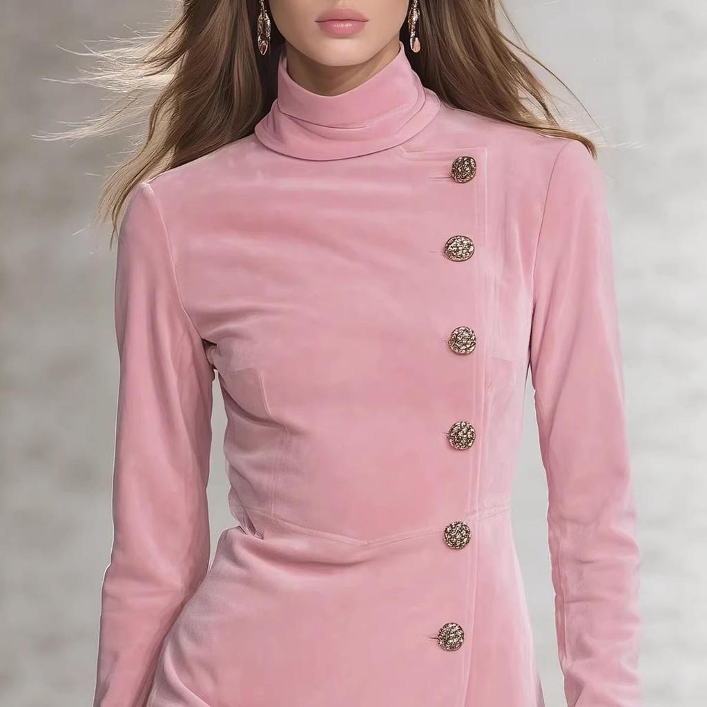 2025 Autumn/Winter Elegant Solid Color Waist-Cinched Slim Dress with Buttons