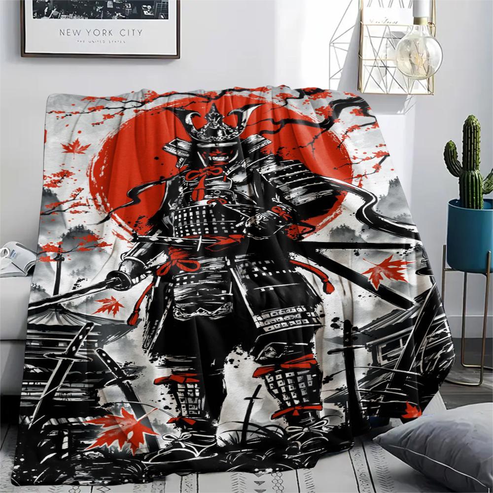 1Pc Japanese Samurai Print Flannel Blanket, High quality Comfortable for All Seasons, Home Decor, Warmth and Comfort, Perfect for Christmas Gifts
