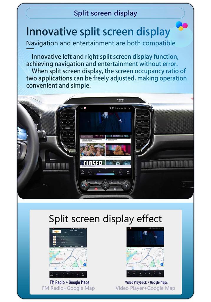 12.1-inch Android Vertical Screen CarPlay Navigation with 360° Panoramic View for 2019-2023 Ford Ranger.