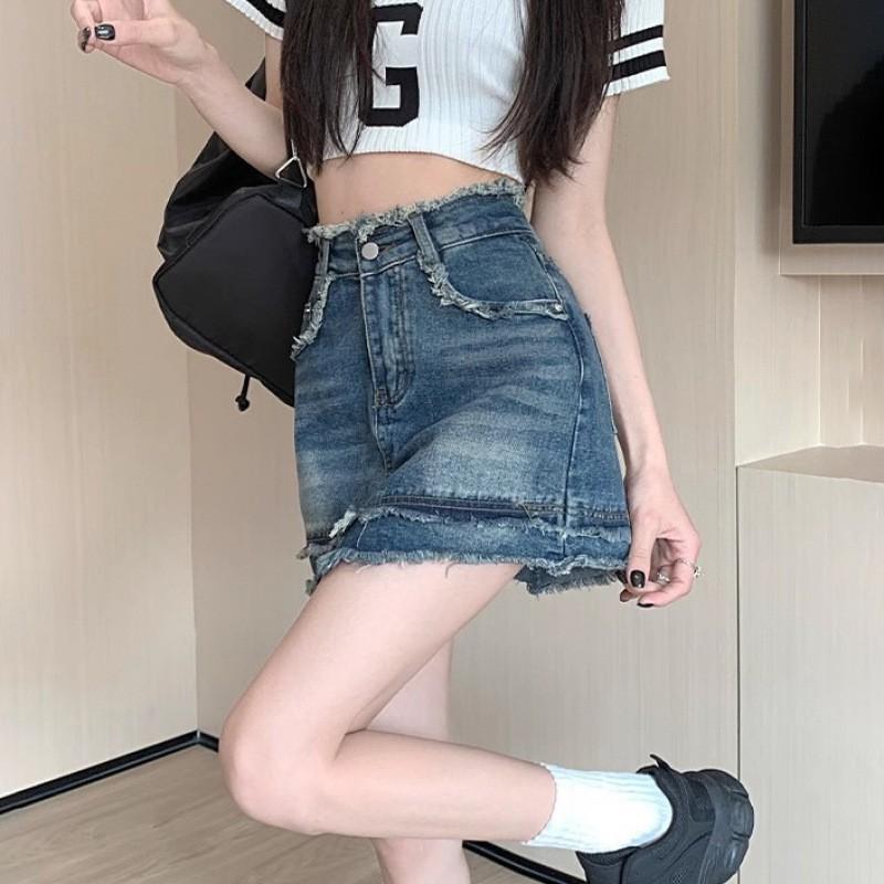 High Waist Denim Mini Skirt Women A-Line Slim Fit Distressed Edge Short Casual Chic 2025