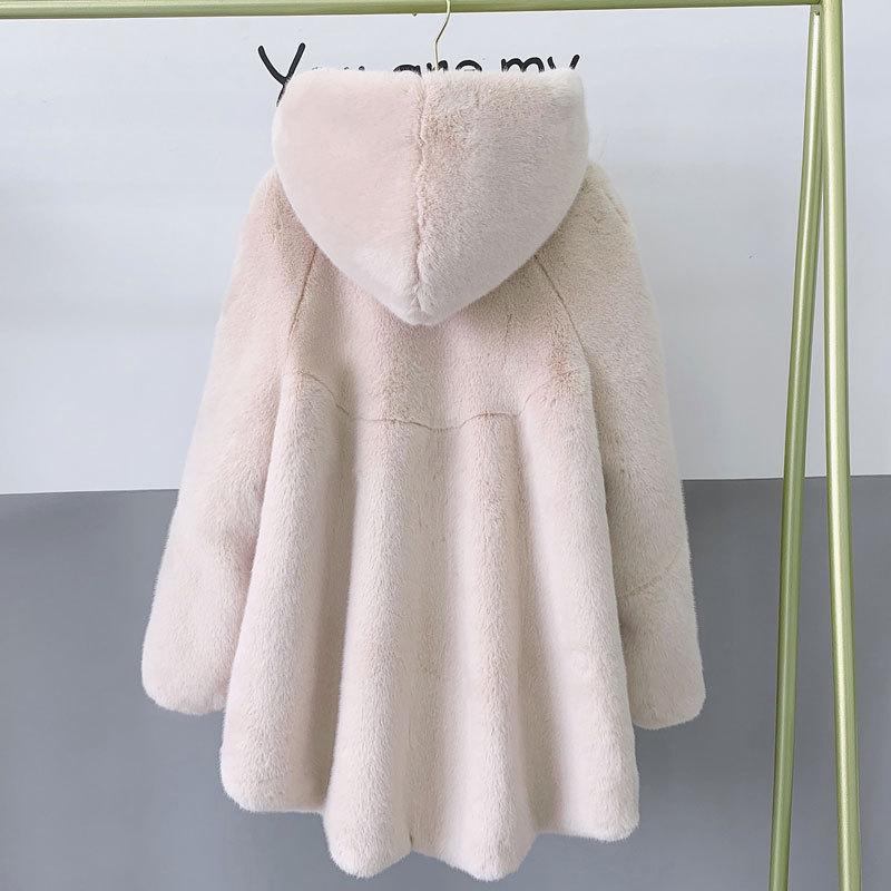 Haining new imitation velvet female imitation mink coat medium and long coat hooded imitation mink imitation fur women