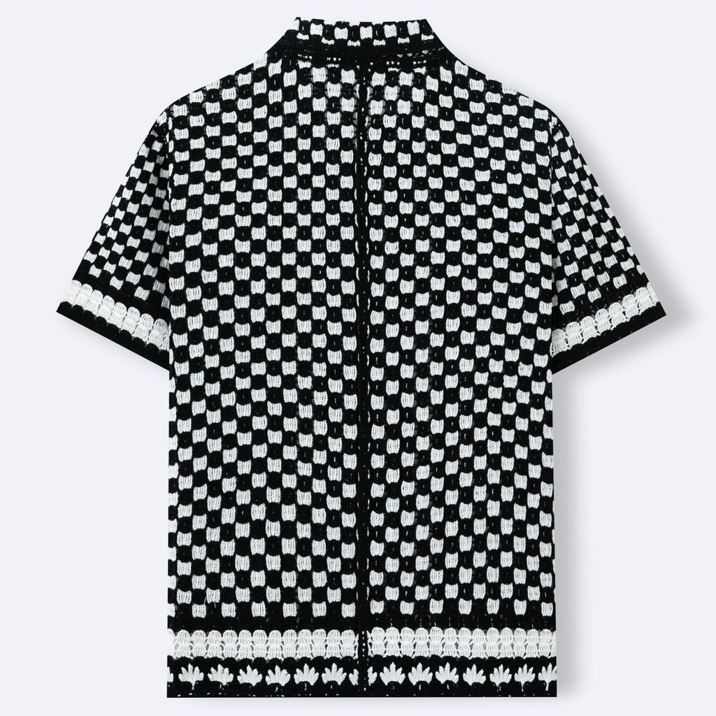 Men's Knitted Crochet Short Sleeve Shirts Casual Button Down Hollow Out Collared Shirt Tops for Men Summer Vacation Vintage Knit Golf Beach Shirts Top