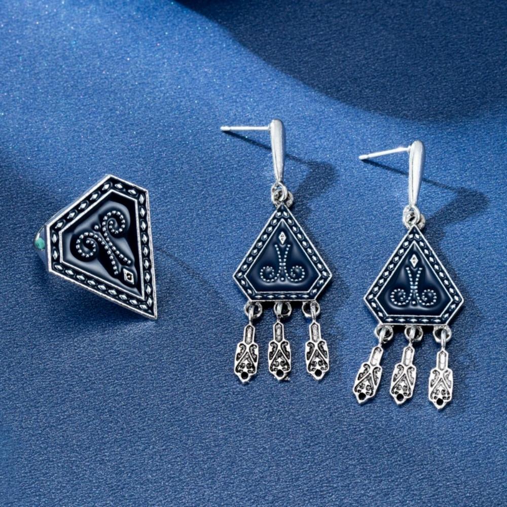 New Geometric Triangle Patterned Tassel Earrings Rings Unique Trend Retro Light Luxury Versatile Nomadic Ethnic Jewelry Gifts