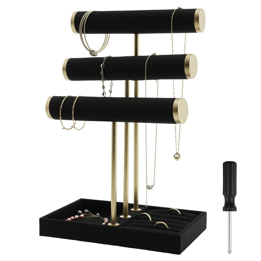 3 Layers Velvet Jewelry Display Detachable Necklace Holder with Tray Large Capacity Bracelet Organizer for Retail Store Home