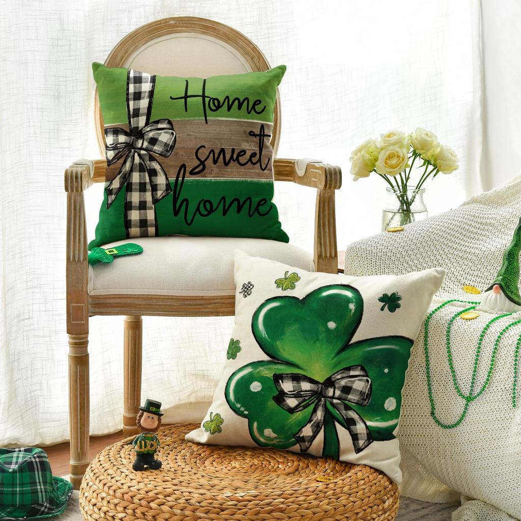 AVOIN colorlife ST Patricks Day Home Sweet Home Clover Throw Pillow Covers, 18 x 18 Inch Love Lives Here Buffalo Plaid Bow Tie Shamrock Decoration