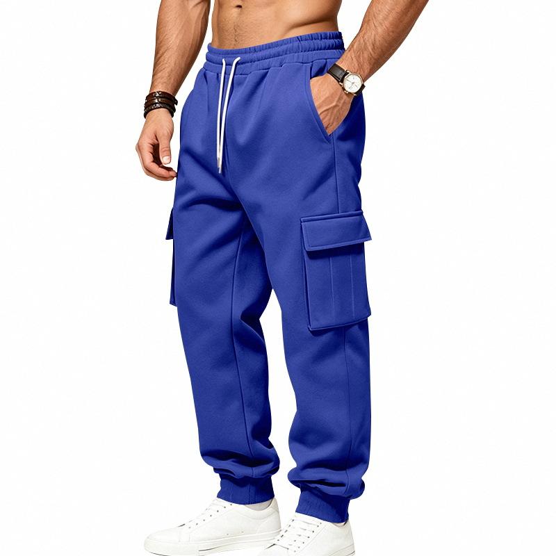 Men S Fleece Lined Cargo Sweatpants Drawstring Waist Multi Pockets Jogger Pants