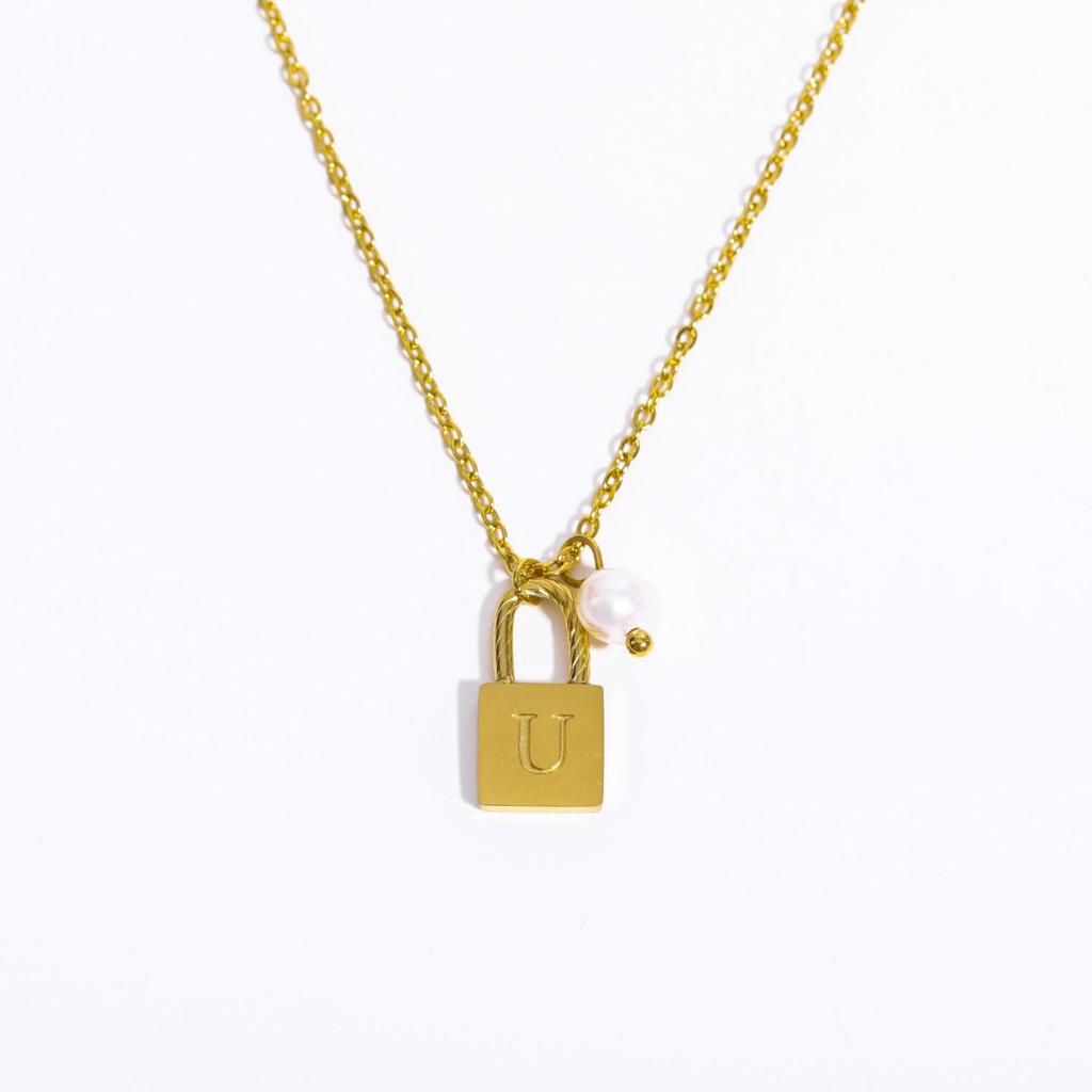 18K Gold Plated Pearl & Stainless Steel Zodiac Lock Pendant Necklace