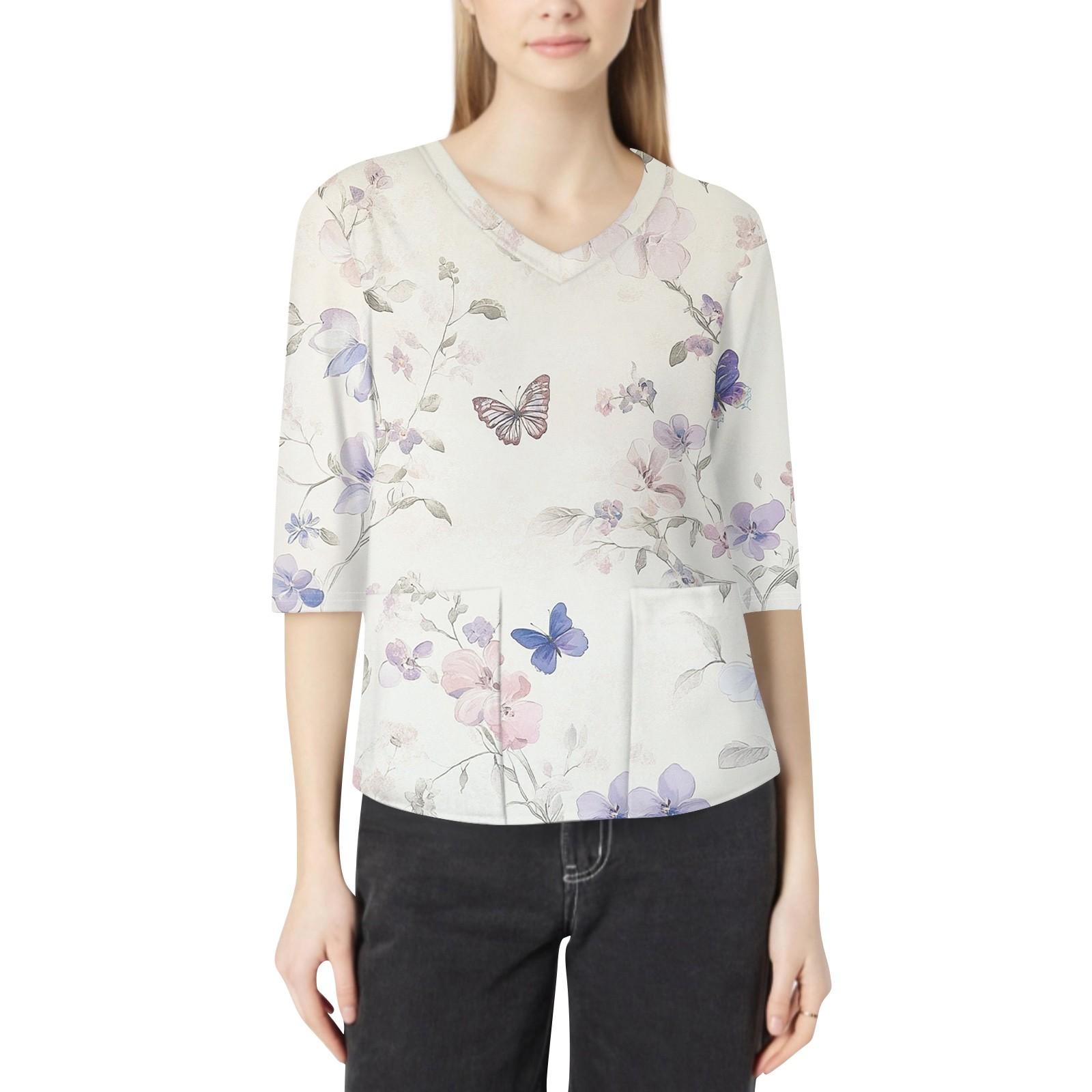 

Модная женская рабочая одежда с v-образным вырезом и рукавами 3/4, свободные топы с карманами и принтом L