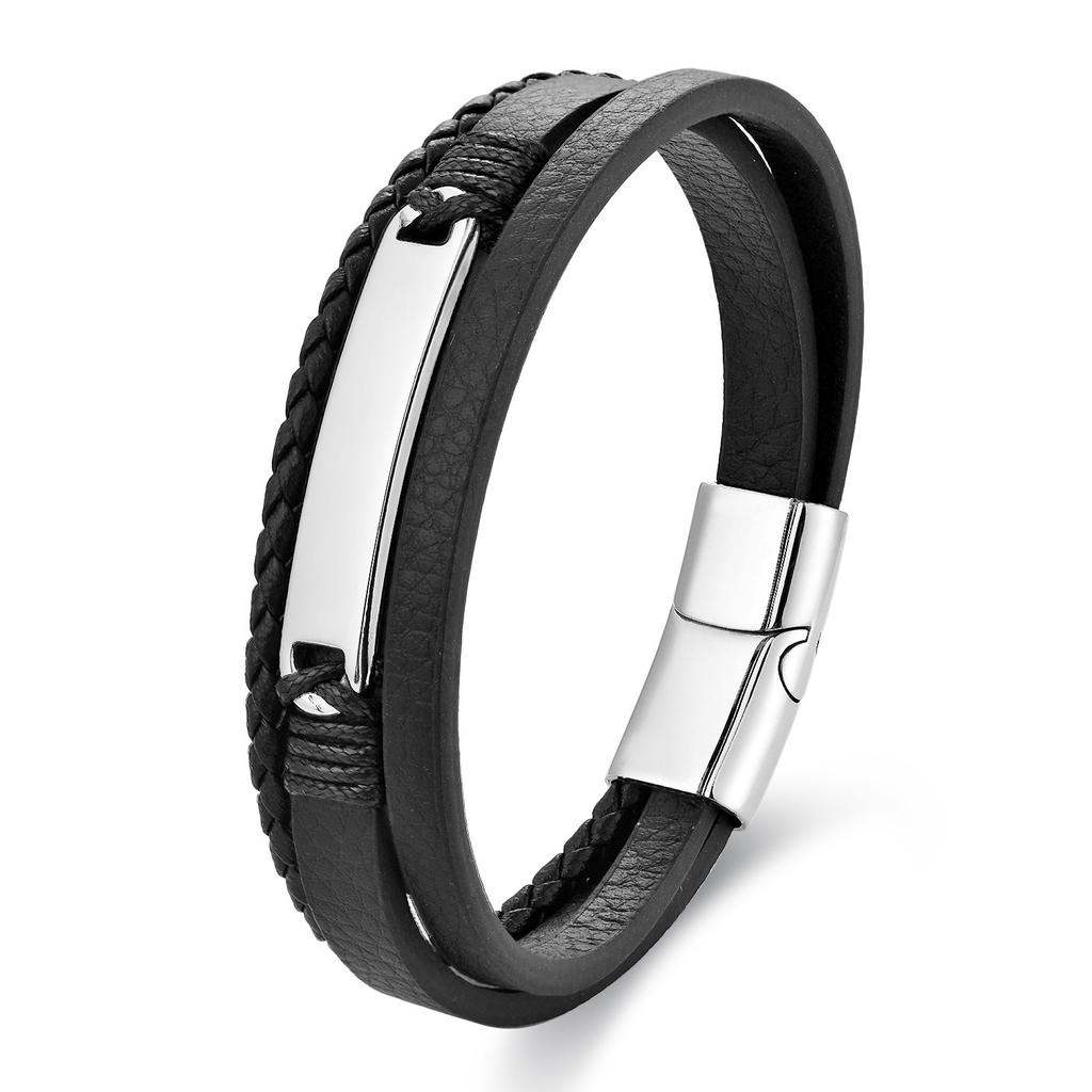 2026 Black Leather Rope Cowhide Men's Double Layer Genuine Leather Woven Bracelet Handmade Multi-Layer Leather Bracelet
