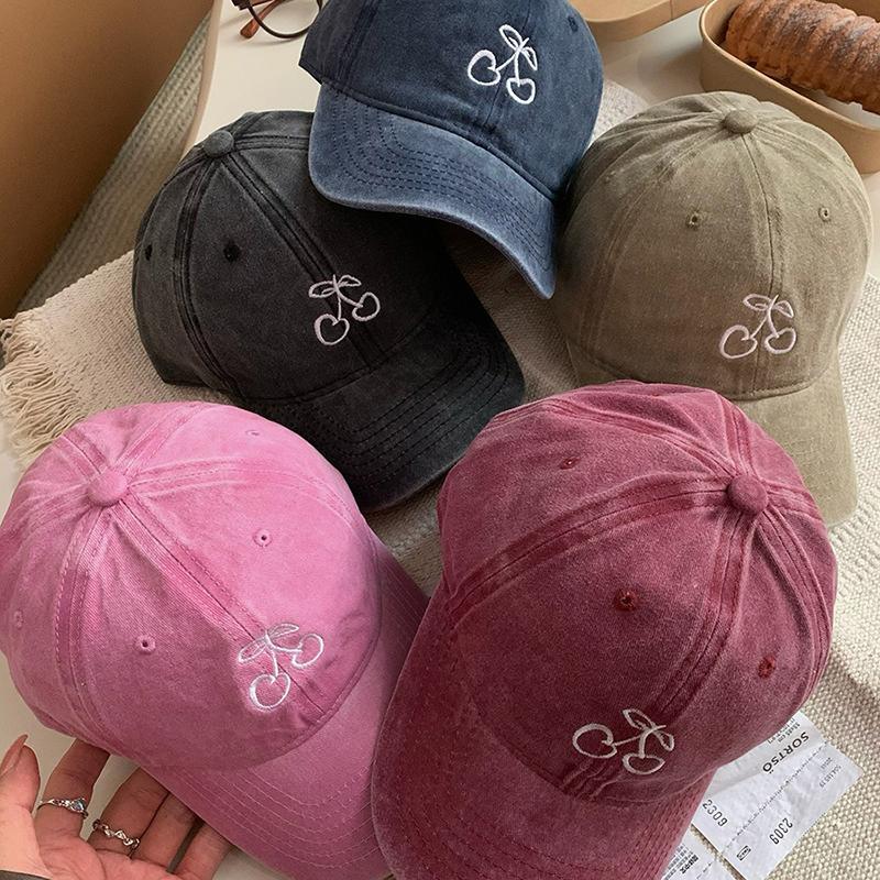 Cherry Embroidery Baseball Hat For Women Girl Long Brim Snapback Duck Tongue Hats Soft Washed Cotton Outdoor Visors Peaked Cap