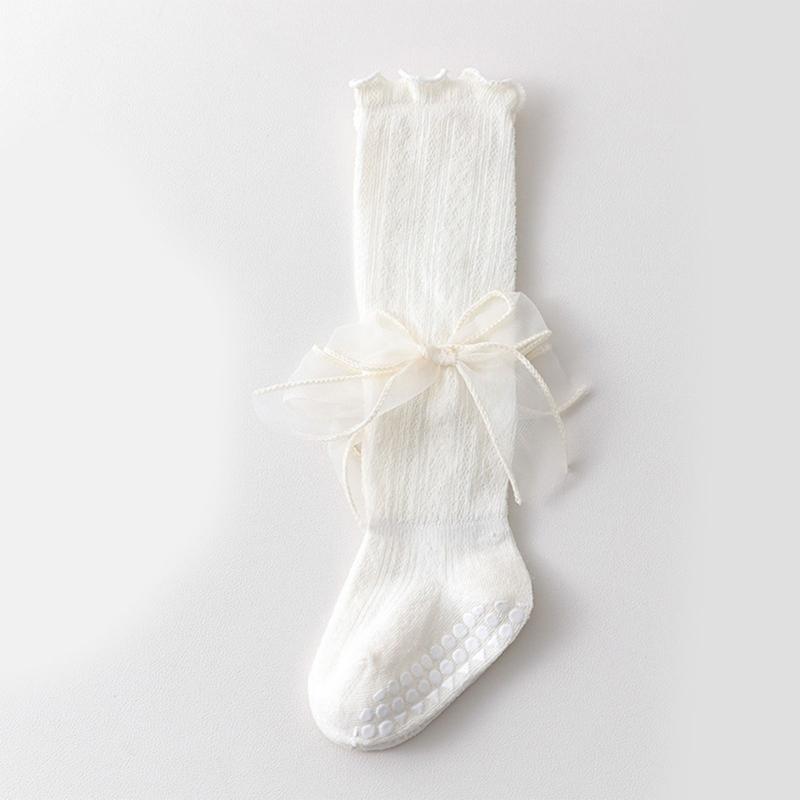 Kids Lace Pattern Over Knee Stockings Soft Combed Cotton Summer Thin Style Beige Color For Daily Wear