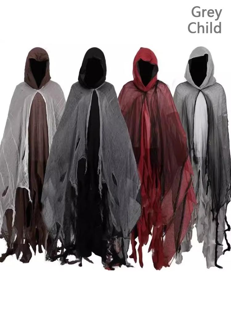 Hooded Skull Costume Mask Gray Torn Cloak Scary Horror Robe Adult Halloween Cosplay Haunted Party Stage Show Fair Event Outfit