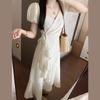 French High-end Ruffle Leaf Edge Bubble Sleeve Dress Women's Summer Design Waist Thin Dress Children