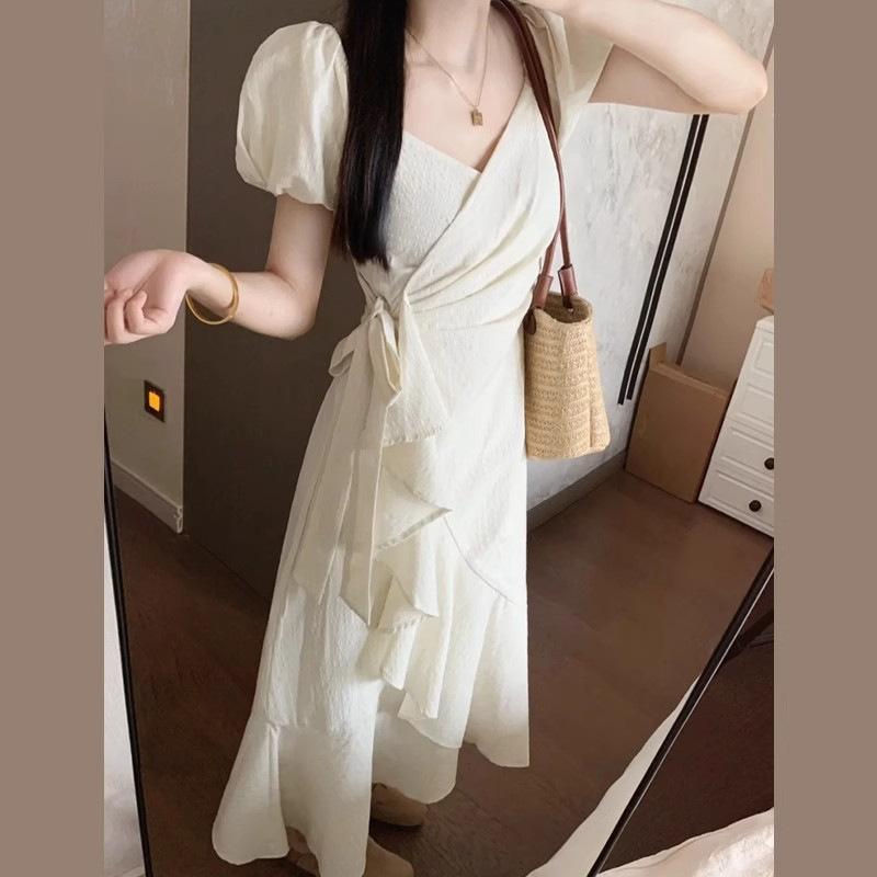 French High-end Ruffle Leaf Edge Bubble Sleeve Dress Women's Summer Design Waist Thin Dress Children