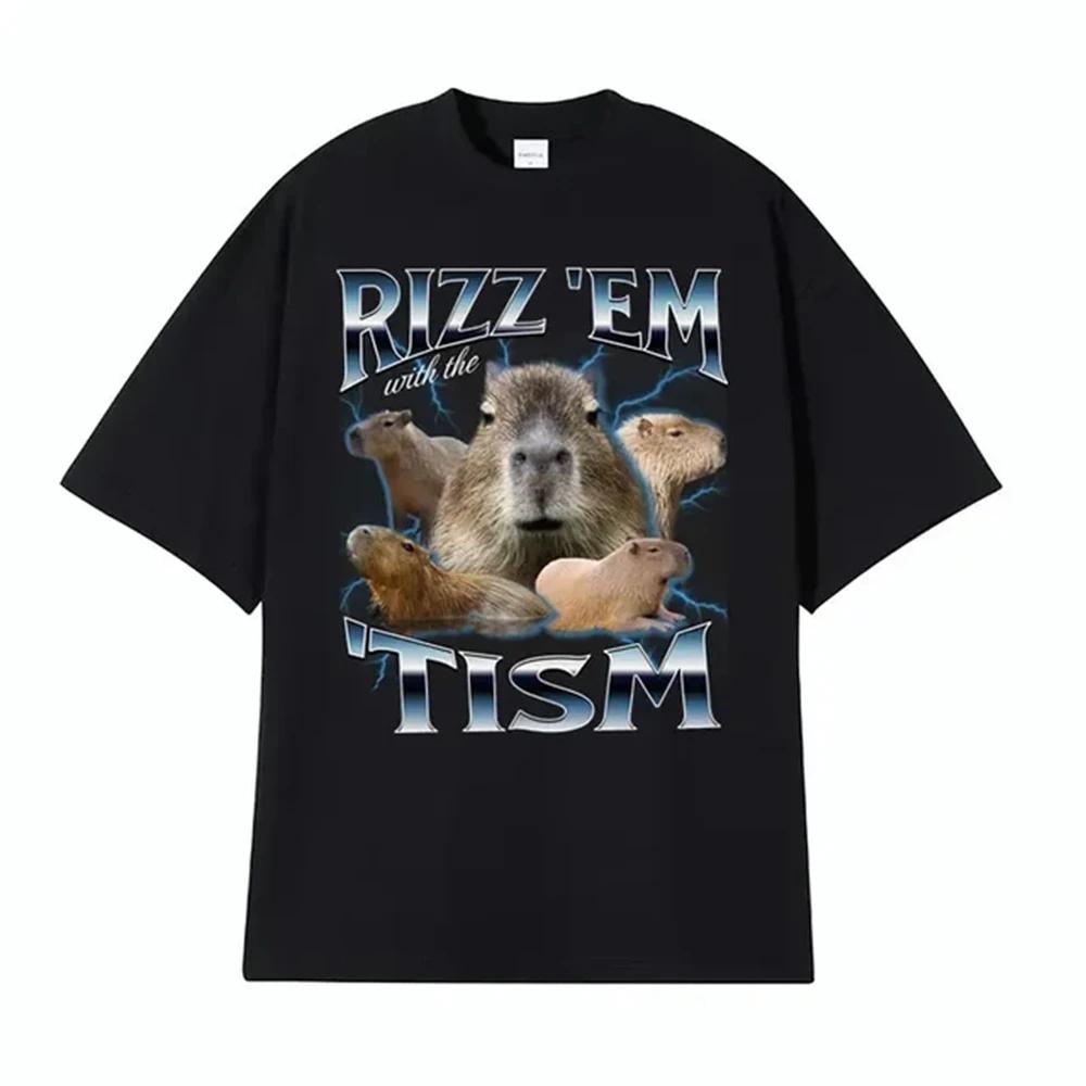 

Rizz Em with The Tism Retro T Shirt Funny Cute Kawaii Capybara Meme Tshirt Women Casual Fashion Humor Short Sleeve Graphic Y2K S