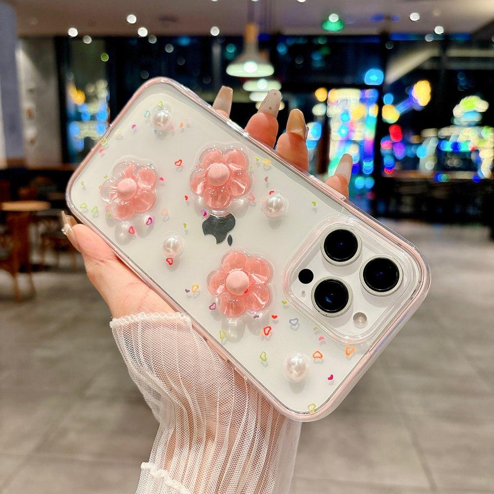 INS Korea 3D Flower 2 IN 1 Transparent Phone Case For iPhone 17 16 12 13 14 15 Pro Max Shockproof Frame Clear Soft Cover