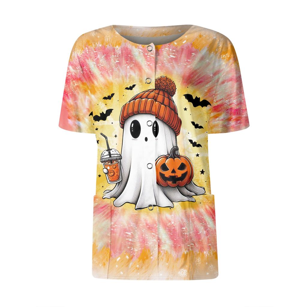 Women's Short Sleeved Patterned Pockets, Work Print Stand Up Collar, Single Breasted Protective Clothing, Cardigan Jacket, Top