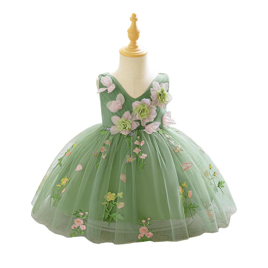 Avocado Green Applique Flower Girl Dress with Puffy Skirt