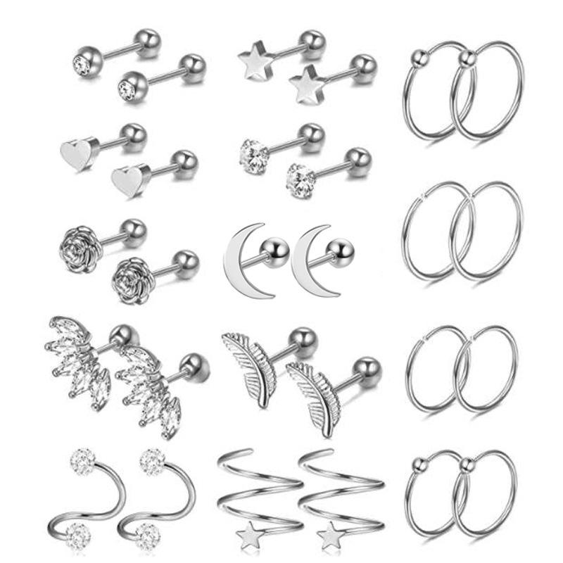 Stainless steel minimalist men's and women's ear stud piercing jewelry set with ear bar studs