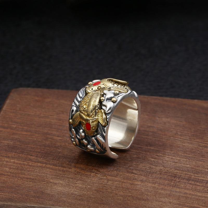 S925 srebro Retro szczęśliwa ryba pierścionek dla mężczyzny tajska srebrna podwójna ryba w stylu etnicznym tradycyjna dzika biżuteria z otwartym pierścieniem