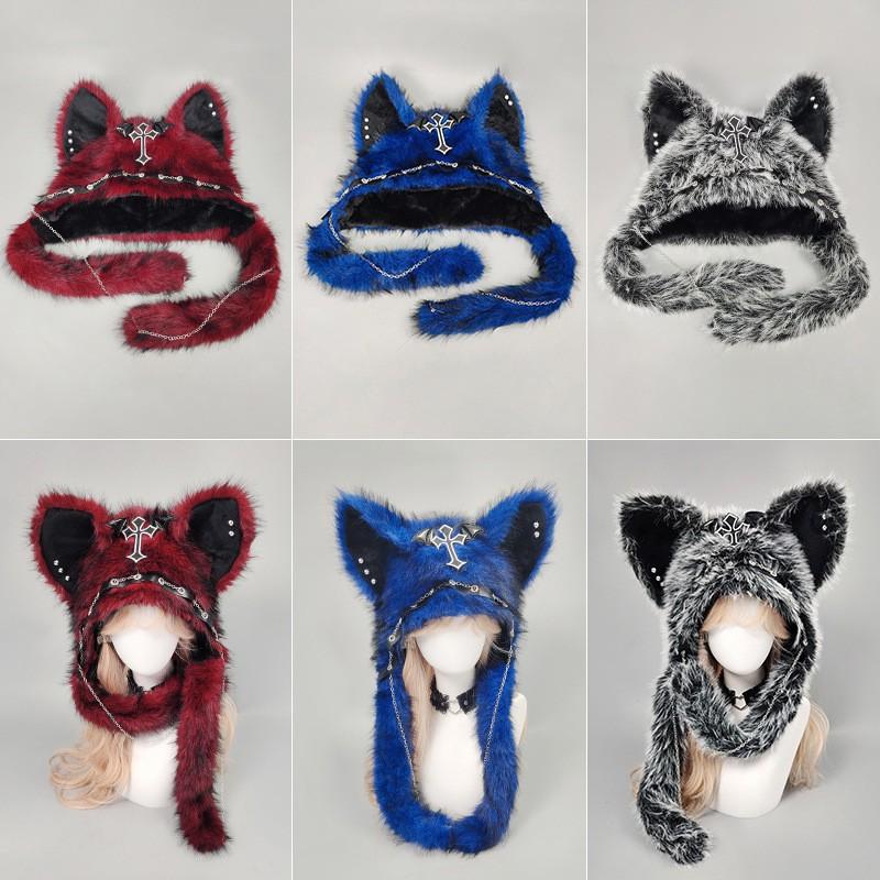 Gothic Punk Fuzzy Cat Ear Beanie Hat Women Winter Warm Soft Plush Cap Sweet Cool Style