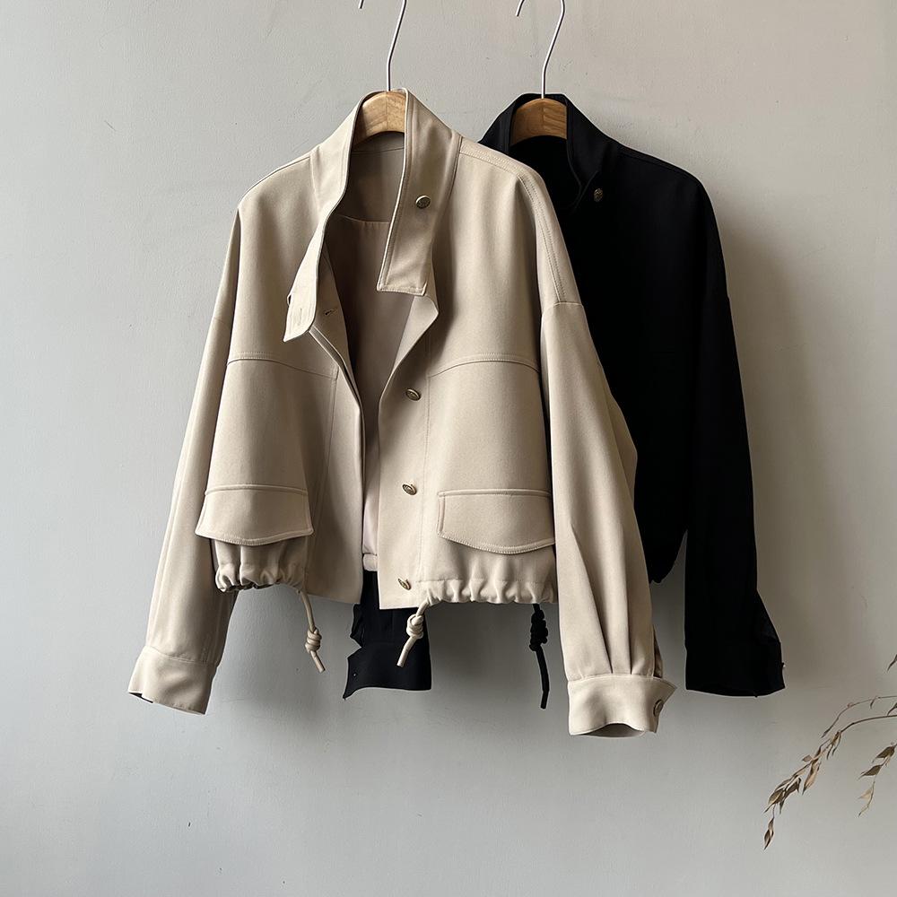 Korean Standing Collar Jacket Cardigan Women's Autumn New Loose Hem Drawstring Short Jacket