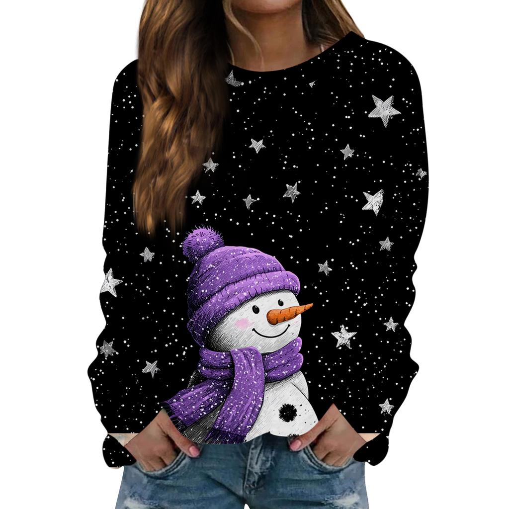 Women's Fashionable Casual Long-sleeved Retro Christmas Snowman Print Round Neck Top