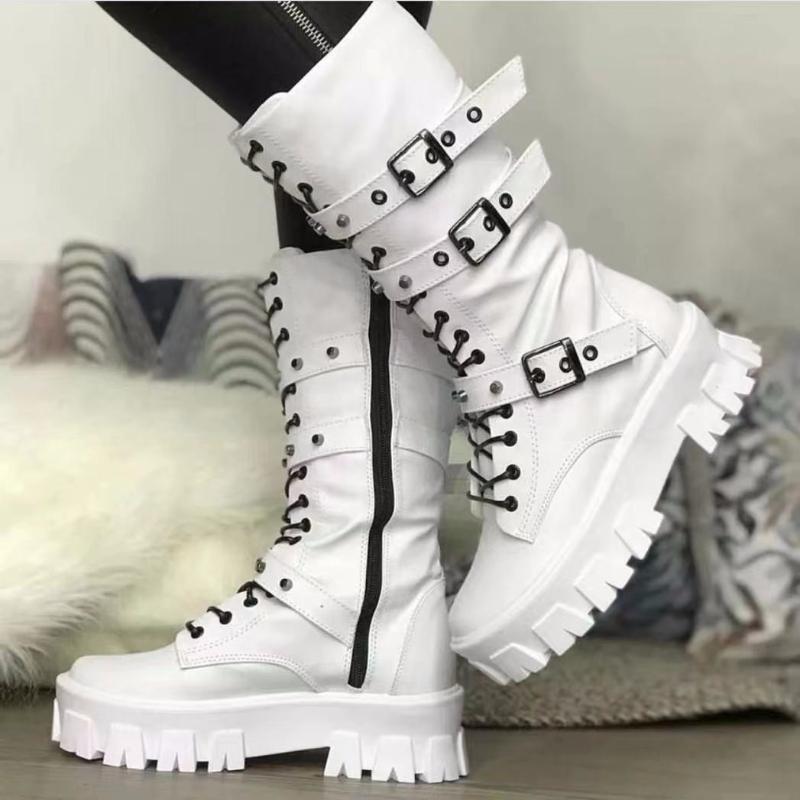 Fashion Luxury Women's Boots Pu Leather Ladies Mid-calf Boots Punk Gothic Biker Boots Side Zip Shoes for Women New Botines Para Mujeres